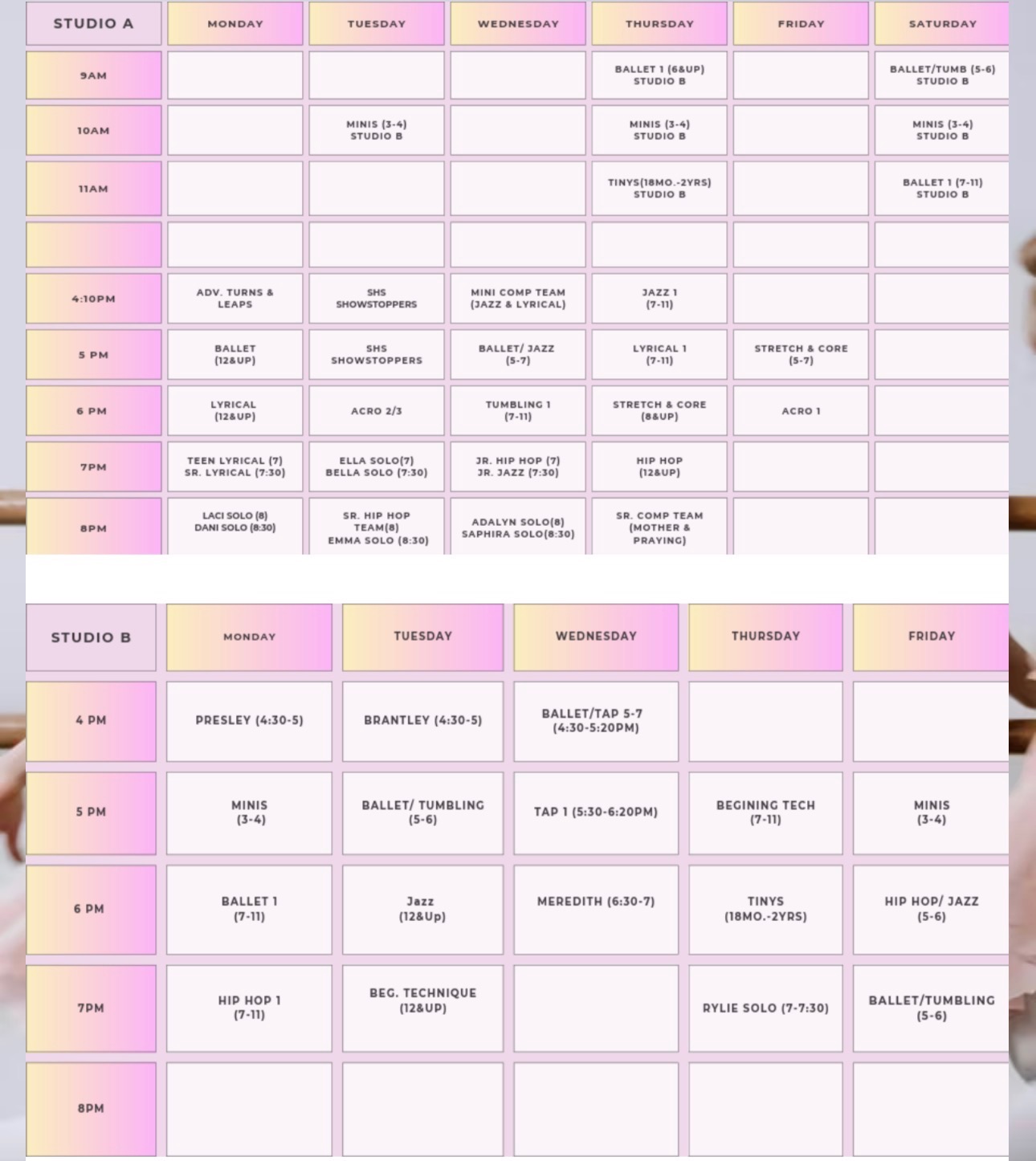 Jeté Dance Center schedule