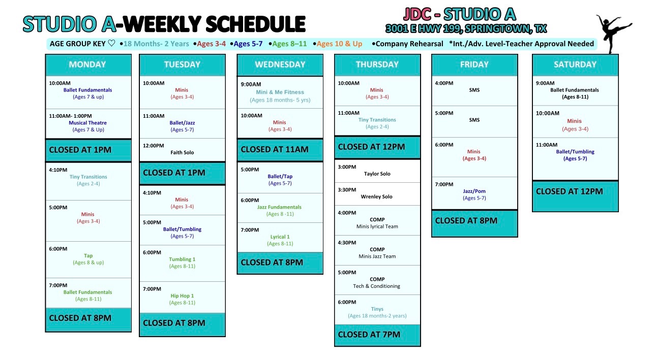 Studio A weekly class schedule at 3001 E. Hwy 199 in Springtown, Texas